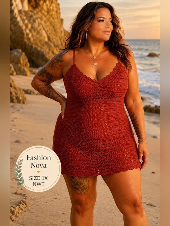 Fashion Nova Dresses & Skirts - Fashion Nova NWT Rust Crochet Slip Dress 1X Boho Beach
